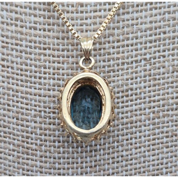 Gold Tone Box Chain Necklace Blue Stone Oval Pendant Clear Crystal Trim 18" - Picture 5 of 7